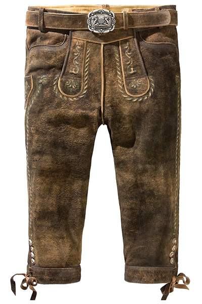 Knielange Trachten Lederhose mit Latz in Braun Antik von Stockerpoint